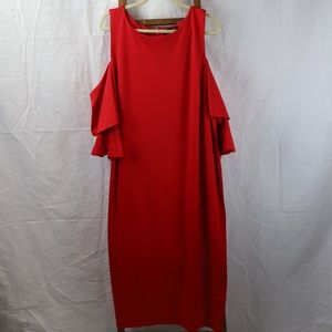 Red Open Shoulder Dress - Mid Length